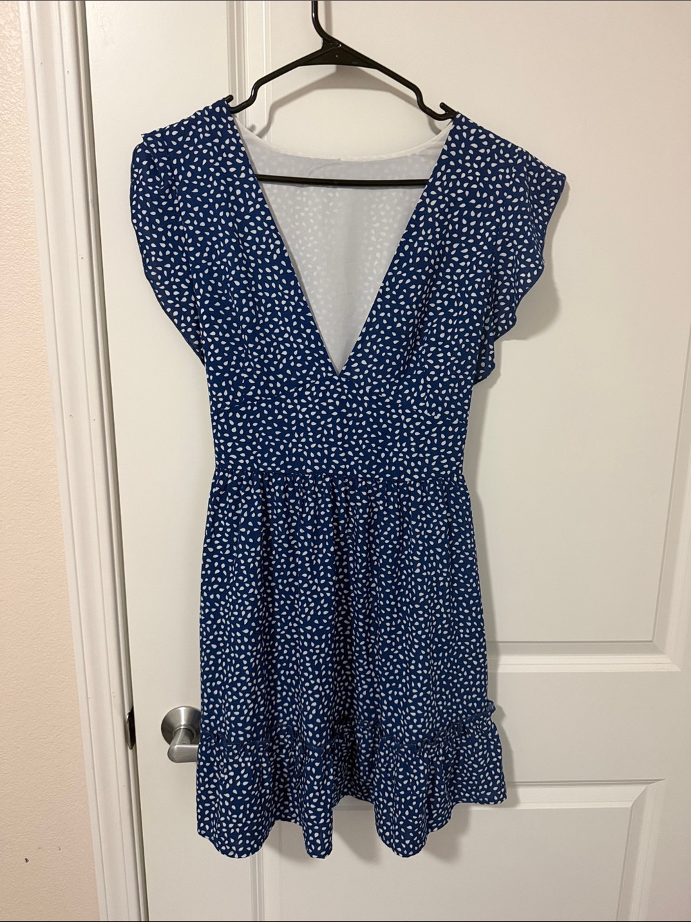 Navy Blue V-Neck Flutter Sleeve Women’s Dress with White Dot Print
